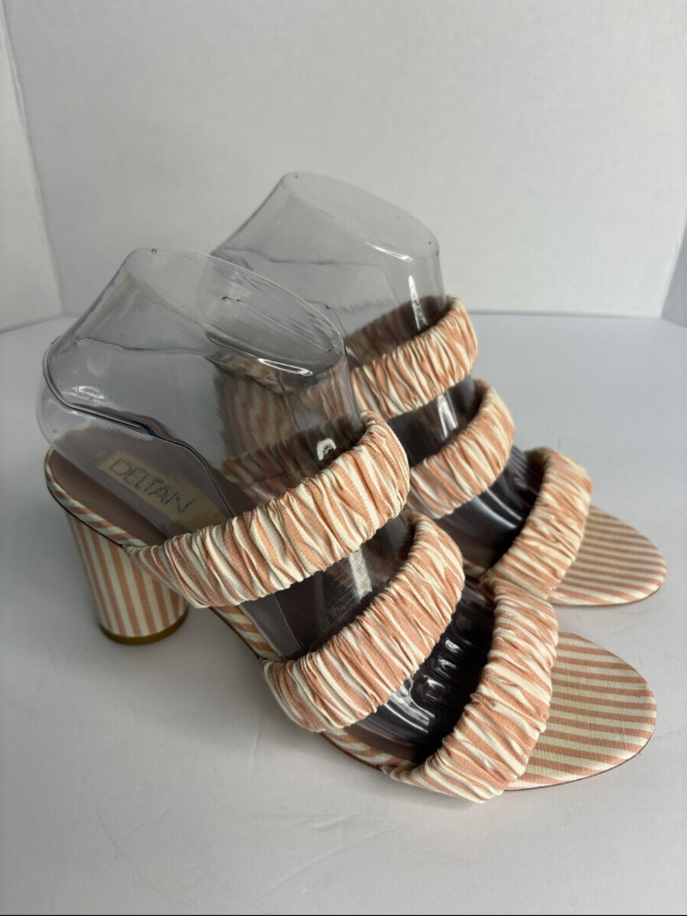 Deltan Dusty Pink and White Colette Stripe Three Band Heeled Mules